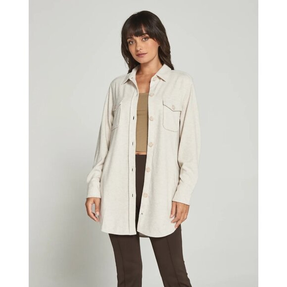 7 Diamonds Generation Shacket In Bone Neutral Plaid Longline Layering Cozy L - Picture 2 of 12